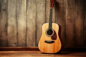 acústico guitarra en antiguo de madera antecedentes. generativo ai foto