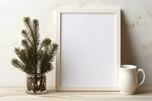 Minimal festive Christmas decor. Blank picture frame mockup with pine tree branches and cup of coffee. Generative AI photo