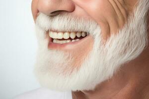 sonriente mayor antiguo hombre boca con barba y Bigote. generativo ai foto