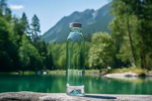 Mineral water in glass bottle on nature background. Generative AI photo