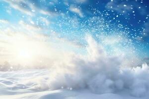 Christmas and New Year background with snow explosion, snowflakes and golden rays. Generative AI photo