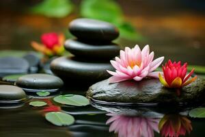 spa piedras y lirio de agua en zen jardín. generativo ai foto