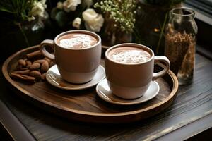 Two cups of hot cocoa on a wooden tray. Organic healthy chocolate drink prepared from cocoa beans. Generative AI photo