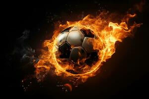 el fútbol pelota en fuego. fuego fútbol. deporte fútbol antecedentes. generativo ai foto