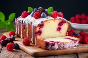 Sliced berry cake with icing and fresh berries on top on a wooden board. Generative AI photo