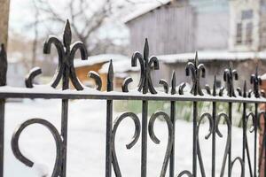 Elements of ornamental ornament in a metal forged fence are covered with snow in winter season photo