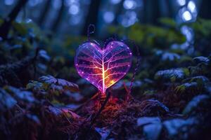 Glowing bioluminescent plant shaped like a human heart, in a mysterious forest. Generative AI photo