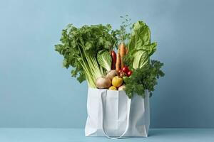 tienda de comestibles lleno bolsa. blanco compras bolso con vegetales en ligero azul antecedentes. generativo ai foto