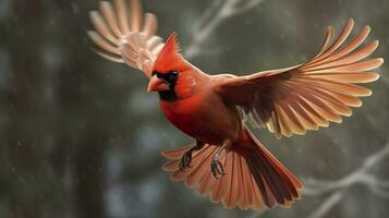 Northern Cardinal coming in for a landing. Generative AI photo