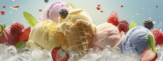 Banner with ice cream in a waffle cone on a summer day. Generative AI photo