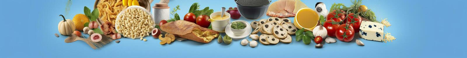 Web page banner of famous Italian food recipes on clean blue background. AI Generated photo