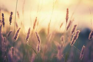 Wild grass in the forest at sunset. Abstract summer nature background. Generative AI photo