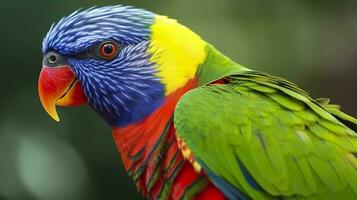 Side view Closeup of beautiful and colorful Lorikeet Green naped bird. Generative AI photo