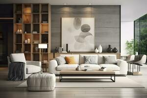 Modern living room with sofa and furniture. AI Generated photo