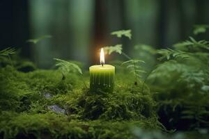 Burning candle on moss, dark green blurred the natural background. Magic candle. Generative AI photo