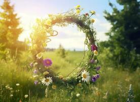 Rustic wildflowers wreath on a sunny meadow. Summer Solstice Day, Midsummer concept. Generative AI photo