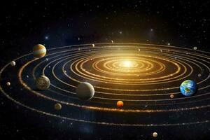 Our 3d Solar system with planets in orbits path. AI Generative photo