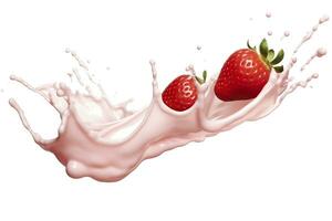 milk or yogurt splash with strawberries isolated on white background, 3d rendering. AI Generated photo