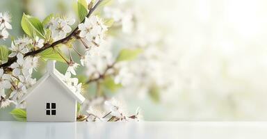 Toy house and cherry flowers, spring abstract natural background. Generative AI photo