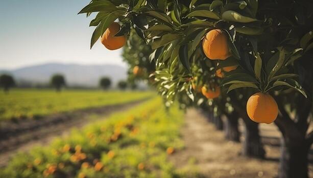 un naranja árbol es en el primer plano con un granja campo antecedentes. generativo ai foto