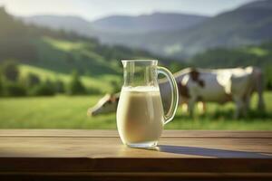 Glass pitcher with fresh milk on a wooden table. AI Generated photo