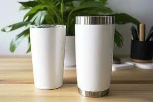 White stainless steel sublimation blank tumblers with straw, product shot. Generative AI photo