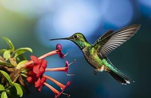 Hummingbird bird flying next to a beautiful red flower with rain. AI Generated photo