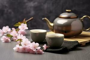 Traditional ceremony. Cups of brewed tea, teapot and sakura flowers on grey table. Generative AI photo