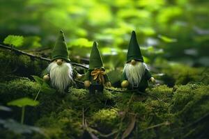 Toy Irish gnomes in a mystery forest, abstract green natural background. Generative AI photo