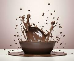 Chocolate splash with a podium, mockup background for milk product display, 3d. Generative AI photo