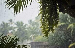 Rain in the tropics during the low season or monsoon season. Raindrops in a garden. Generative AI photo