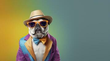 Cool looking bulldog wearing funky fashion dress. space for text right side. AI Generated photo