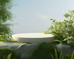 Stone product display podium for cosmetic product with green nature garden background. Generative AI photo