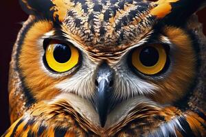 Owl headshot with closeup of face. Generative AI photo