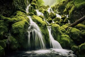 Waterfall landscape with rocks covered in green moss. AI Generated photo