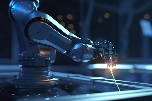 Arm robot working with Screen monitor control industrial machine robot arm line. Generative AI photo