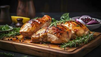 Closeup of tasty roast chicken breast served on wooden board. Grilled chicken. Generative AI photo