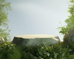 Roca producto monitor podio para cosmético producto con verde naturaleza jardín antecedentes. generativo ai foto