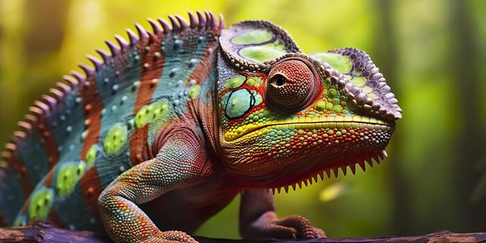 A colorful close up chameleon with a high crest on its head. Generative AI photo