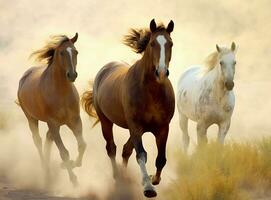 un grupo de caballos corriendo en el tierra. generativo ai foto