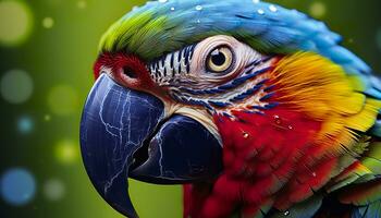 tropical guacamayo encaramado, vibrante plumas en enfocar. generativo ai foto