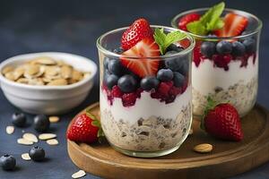 Mixed berries overnight oats with almond flakes in a glass jar, healthy breakfast.  AI Generated photo