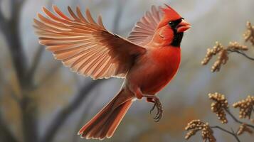 Northern Cardinal coming in for a landing. Generative AI photo