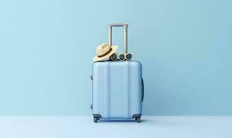Blue suitcase with sunglasses on a pastel blue background. travel concept. Generative AI photo