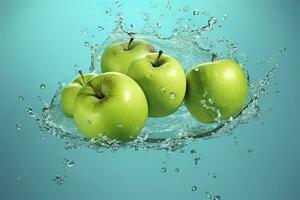 Fresh green apples fall into the water with a splash on blue background. photo