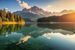 impresionante verano amanecer en eibsee lago con zugspitze montaña rango. ai generado foto