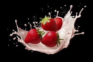 Leche o yogur chapoteo con fresas aislado en blanco fondo, 3d representación. ai generado foto