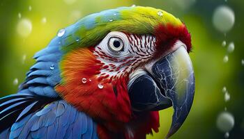 tropical guacamayo encaramado, vibrante plumas en enfocar. generativo ai foto