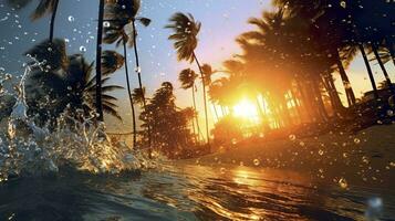 playa con olas y Coco arboles a puesta de sol. generativo ai foto