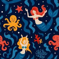 Mermaid and octopuses, corals and algae. Ocean, fairy-tale creatures, seabed. Cartoon child character in flat style. Marine life. Seamless pattern for nursery, wallpaper, fabric, wrapping, background vector